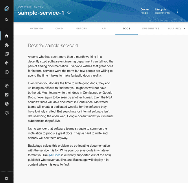 a page of basic documentation for a service in the Backstage service catalog